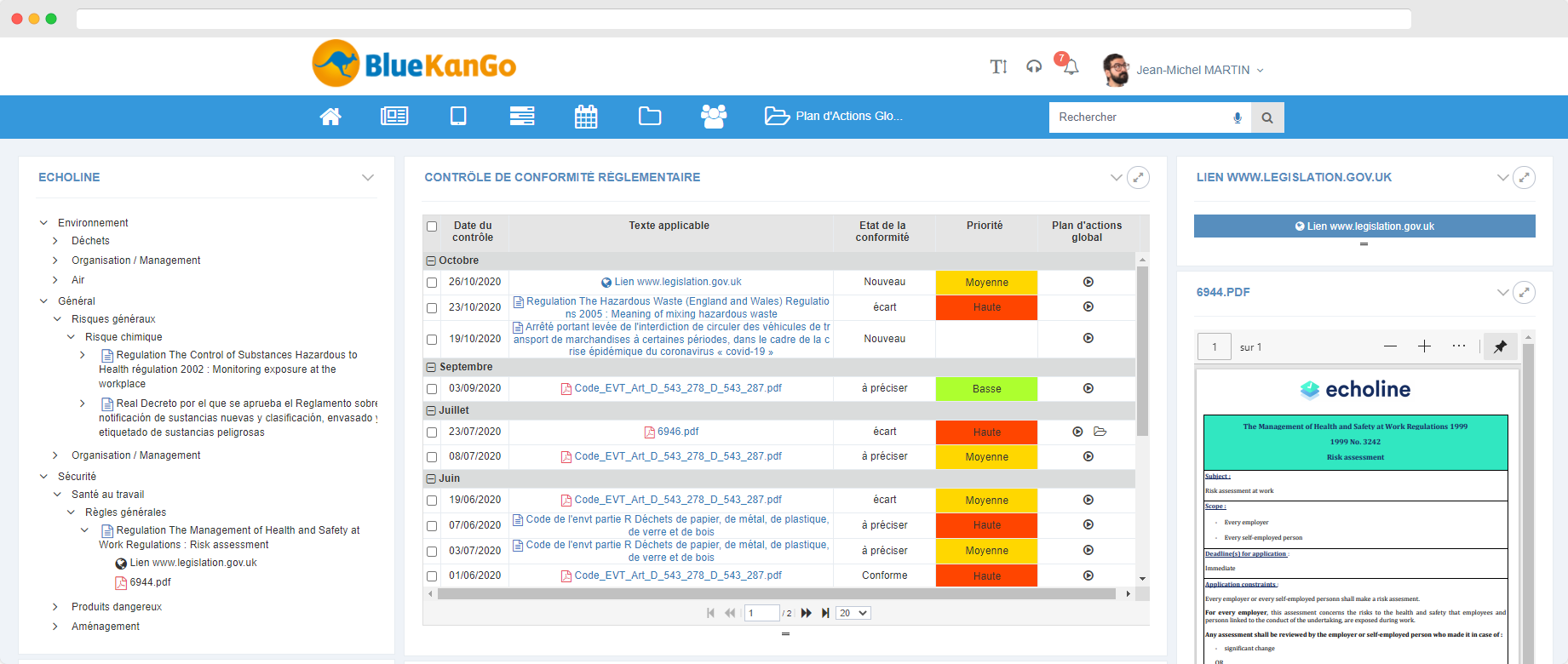 Capture d'écran de l'intégration de la veille réglementaire Echoline dans la plateforme BlueKanGo